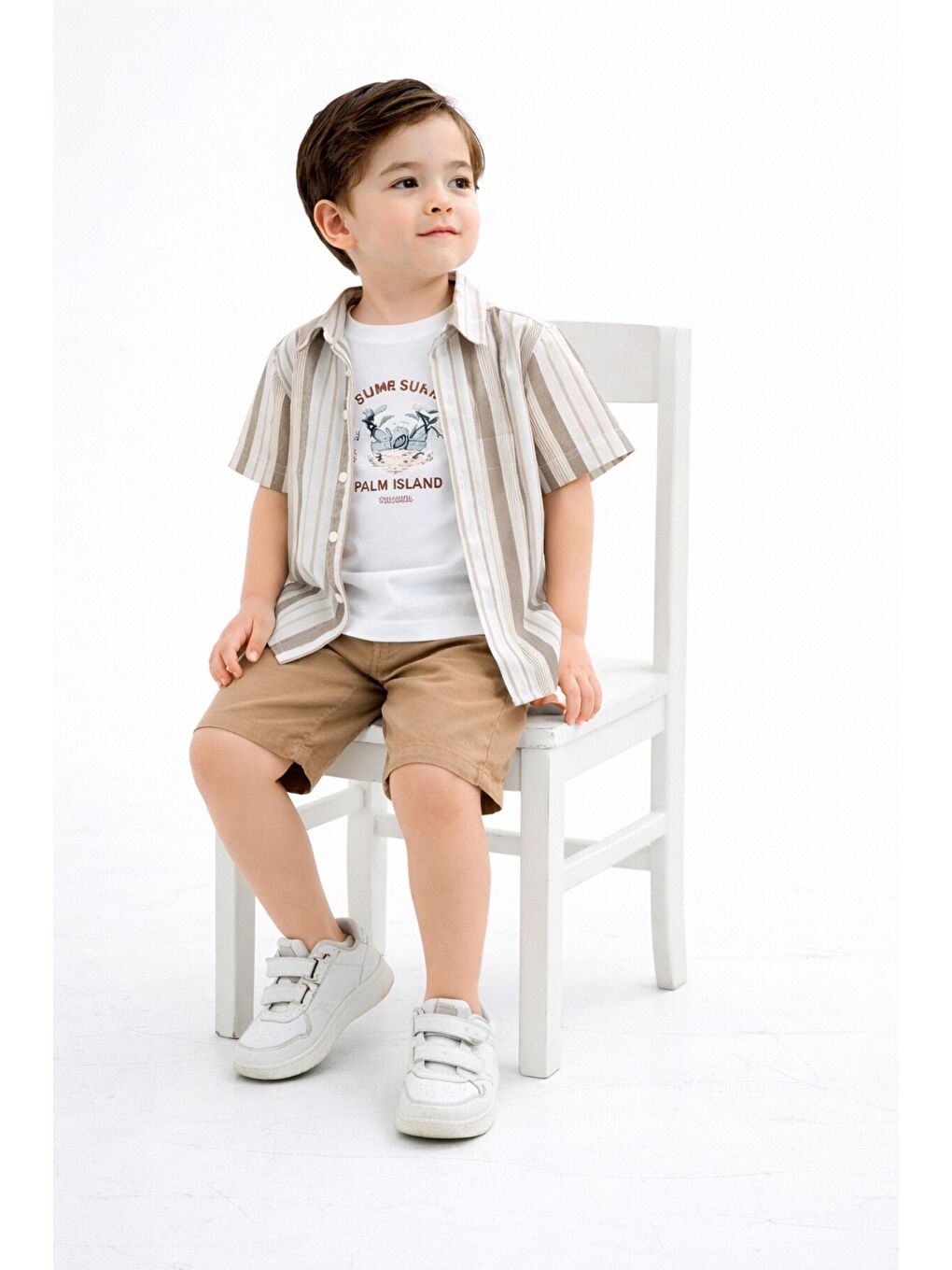 Ekru Tarz Gömlekli Çizgili Belden Ayarlanabilir Kısa Kollu Şortlu 3'lü Takım-2