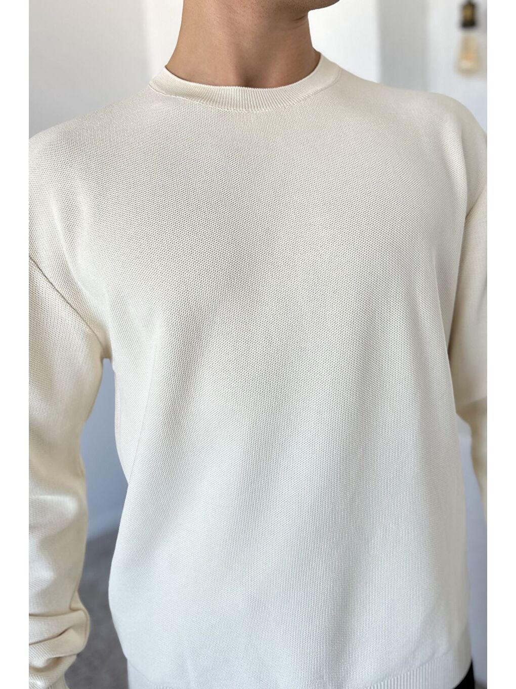 Ekru Bisiklet Yaka Erkek Triko Kazak-4