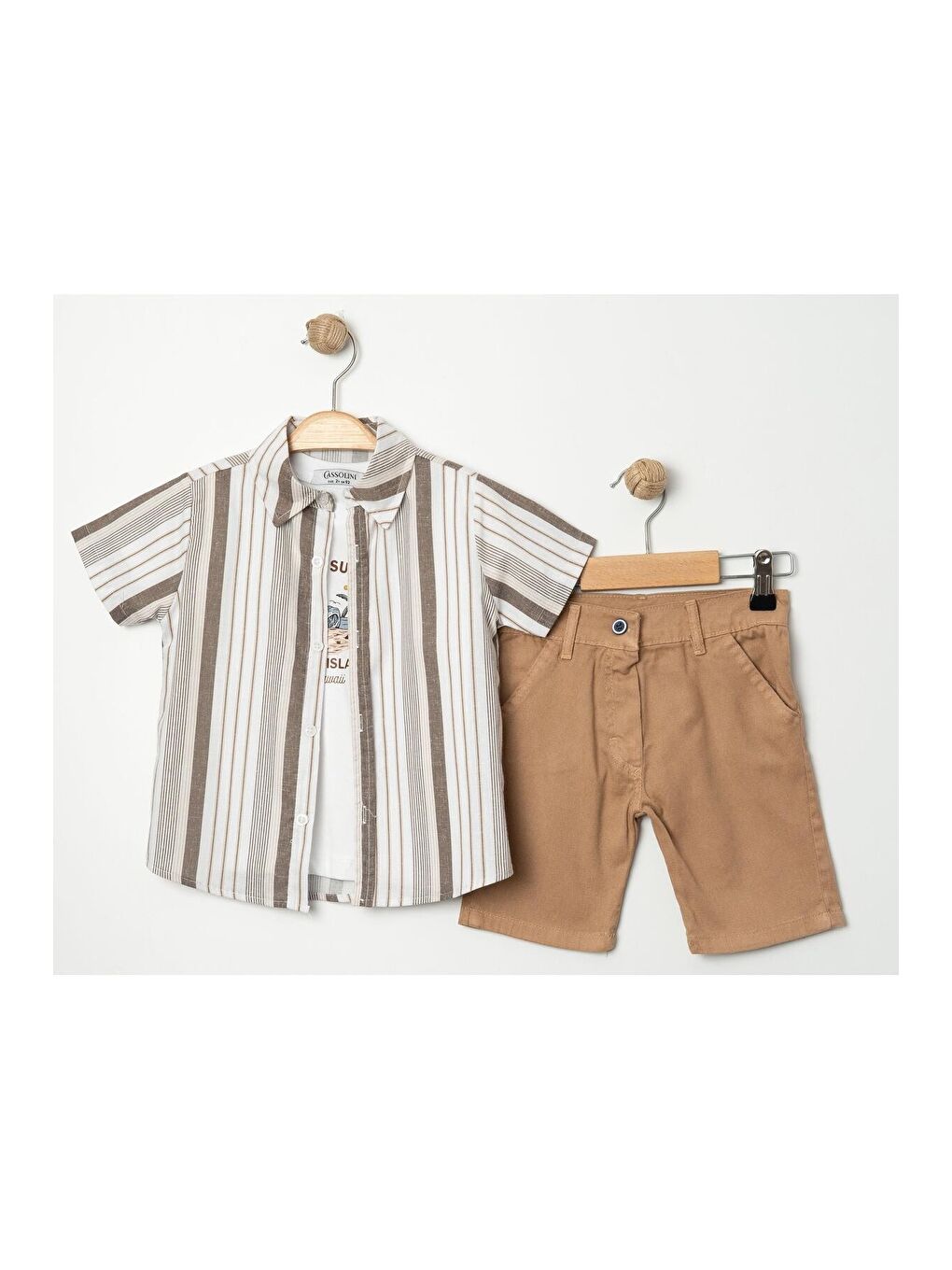 Ekru Tarz Gömlekli Çizgili Belden Ayarlanabilir Kısa Kollu Şortlu 3'lü Takım-3