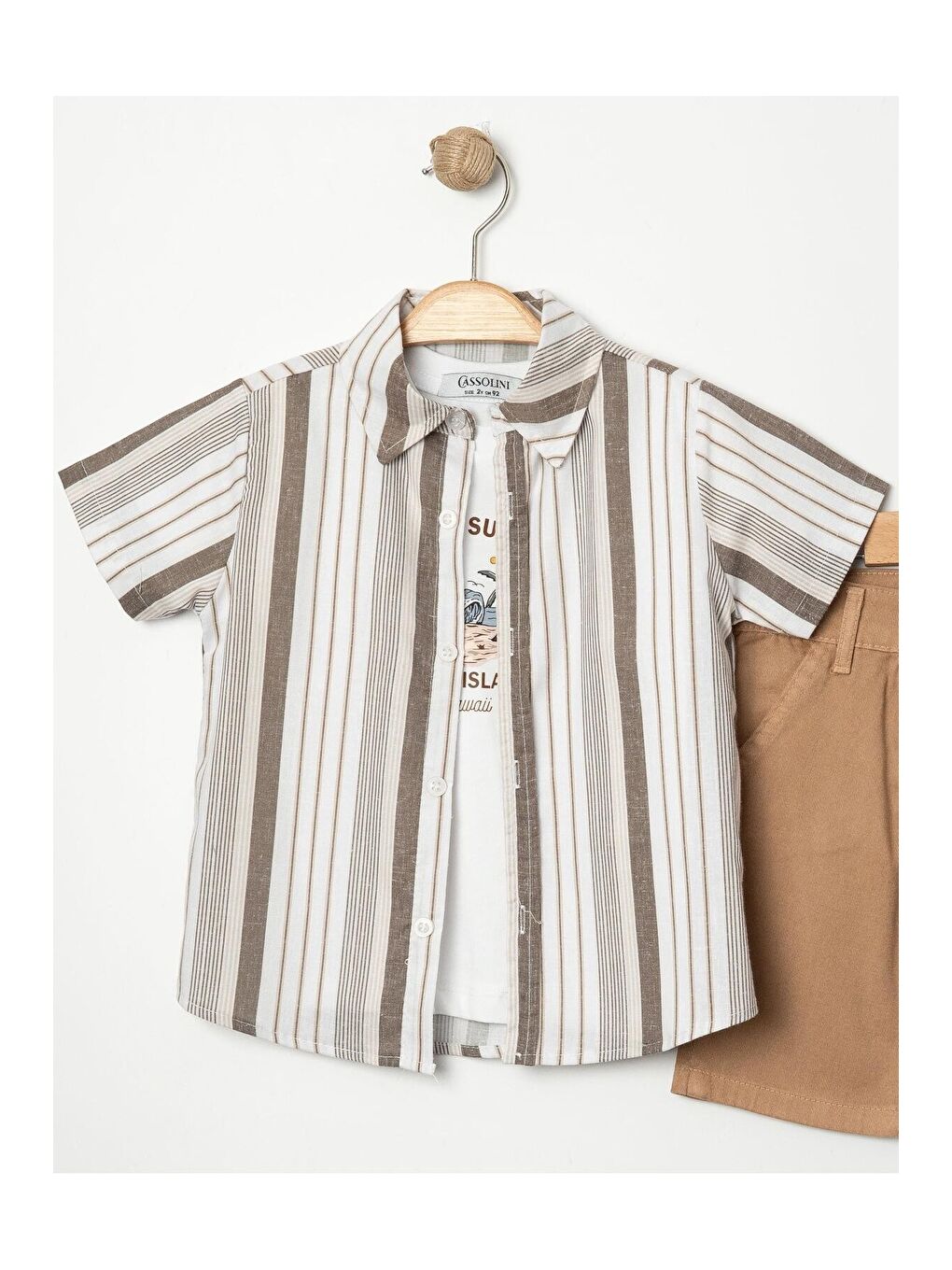Ekru Tarz Gömlekli Çizgili Belden Ayarlanabilir Kısa Kollu Şortlu 3'lü Takım-4