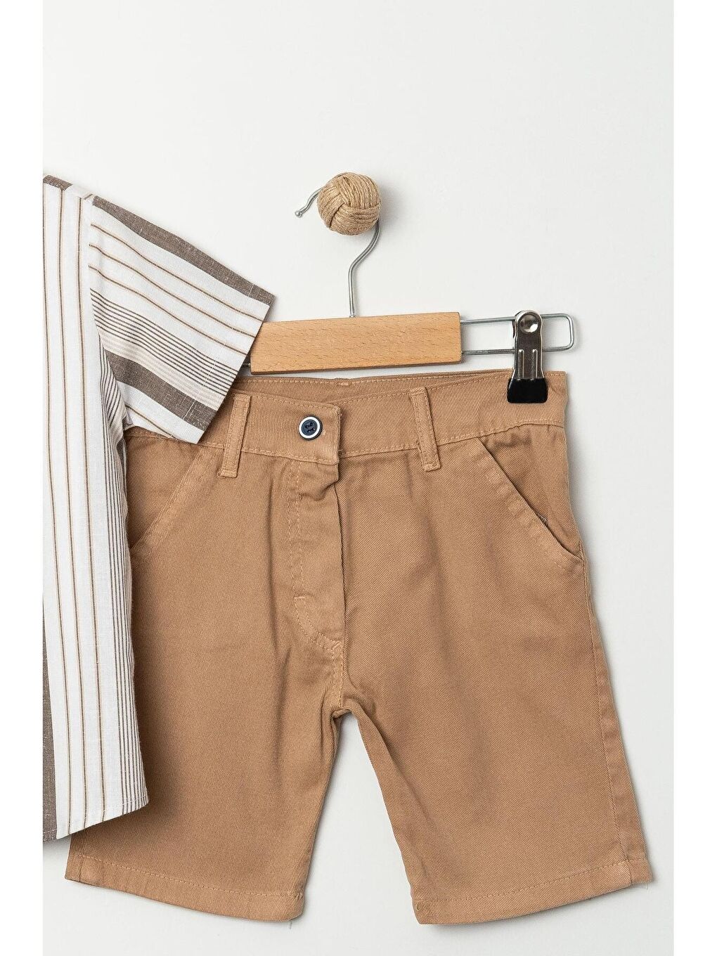 Ekru Tarz Gömlekli Çizgili Belden Ayarlanabilir Kısa Kollu Şortlu 3'lü Takım-5