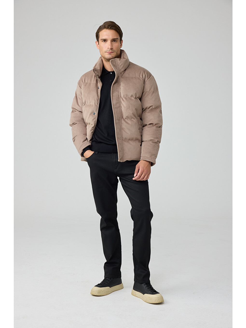 Erkek Su Geçirmez Kadife Puffer Şişme Mont Bej 4346dngr-5