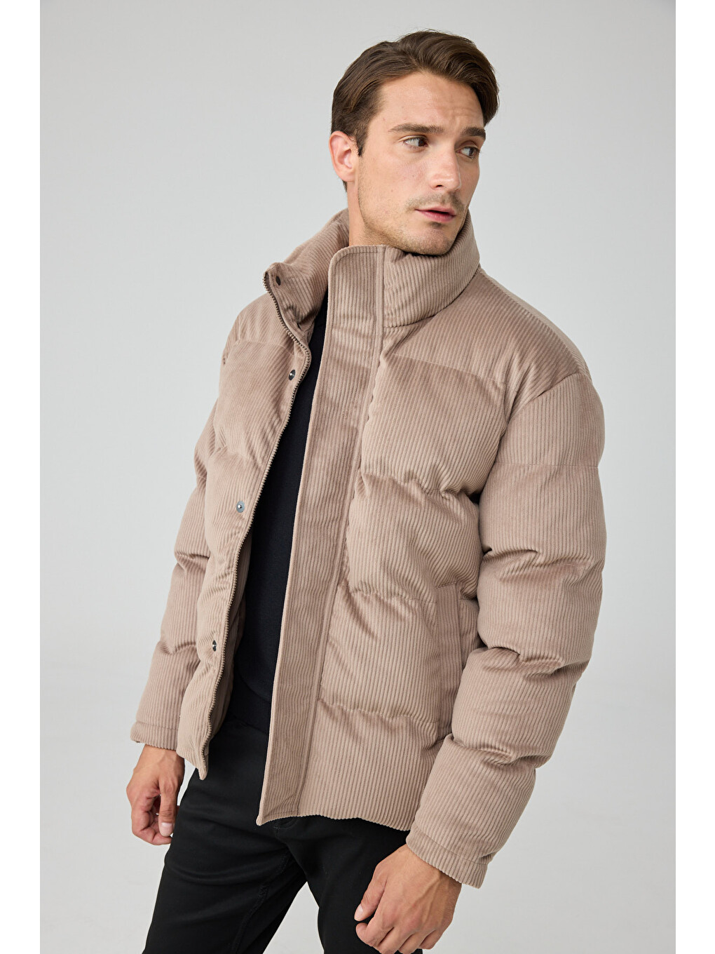 Erkek Su Geçirmez Kadife Puffer Şişme Mont Bej 4346dngr-3
