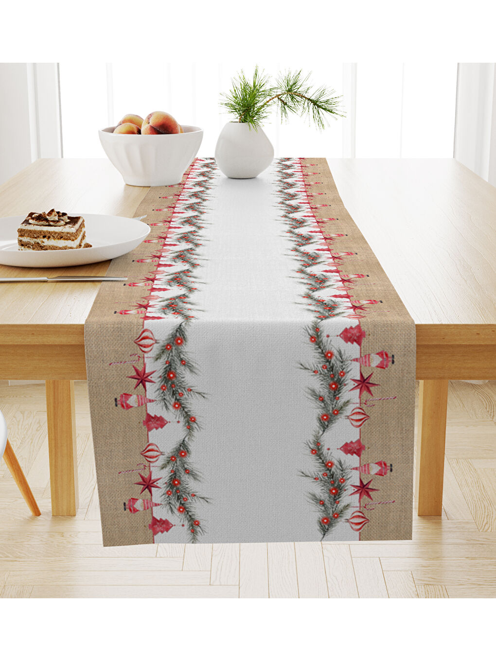 Bej Kadife Dokulu Yılbaşı Temalı Runner 40x140 cm-1