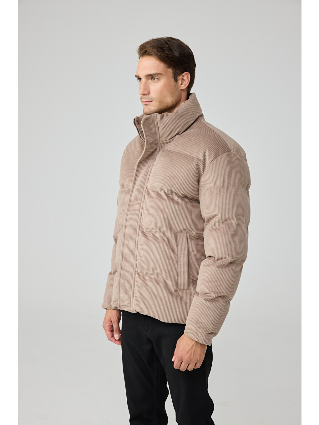 Erkek Su Geçirmez Kadife Puffer Şişme Mont Bej 4346dngr-7