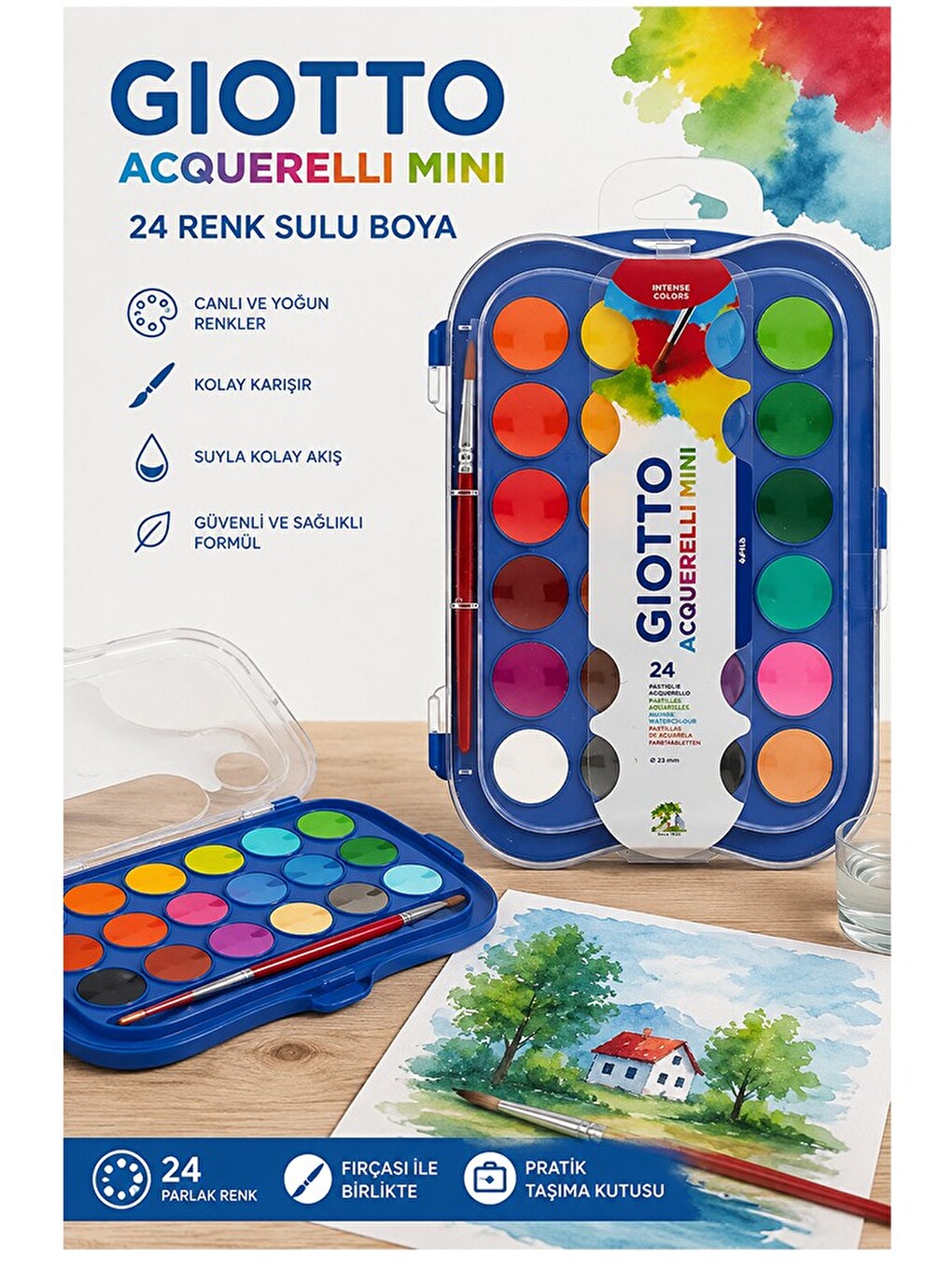 24 Renk Sulu Boya 30mm 1 Paket Giotto 24 Lü Suluboya Fırça Hediyeli Canlı Renkler Acquerelli Kalite