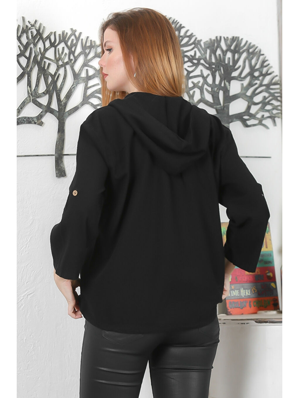 Siyah Kapüşonlu Düğmeli Uzun Kollu Fermuarlı Çift Cepli Yıkamalı Casual Dokuma Kapüşonlu Ceket-7