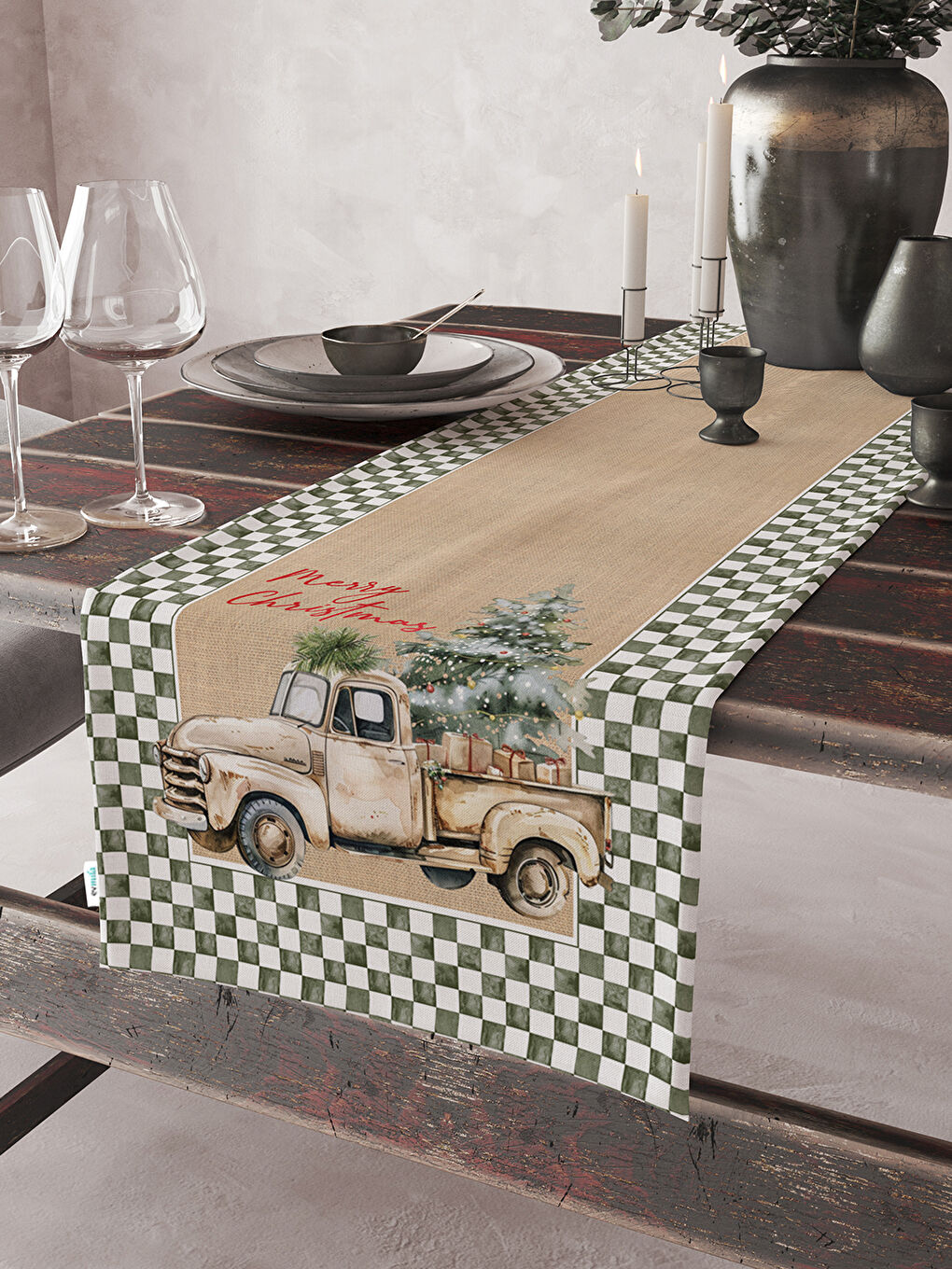 Yeşil Kadife Dokulu Yılbaşı Temalı Runner 40x140 cm