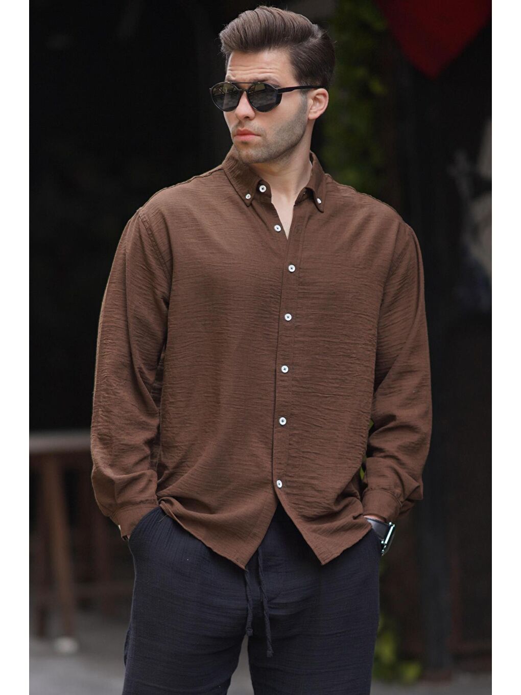 Kahverengi Uzun Kollu Oversize Erkek %100 Pamuk Gömlek 6735