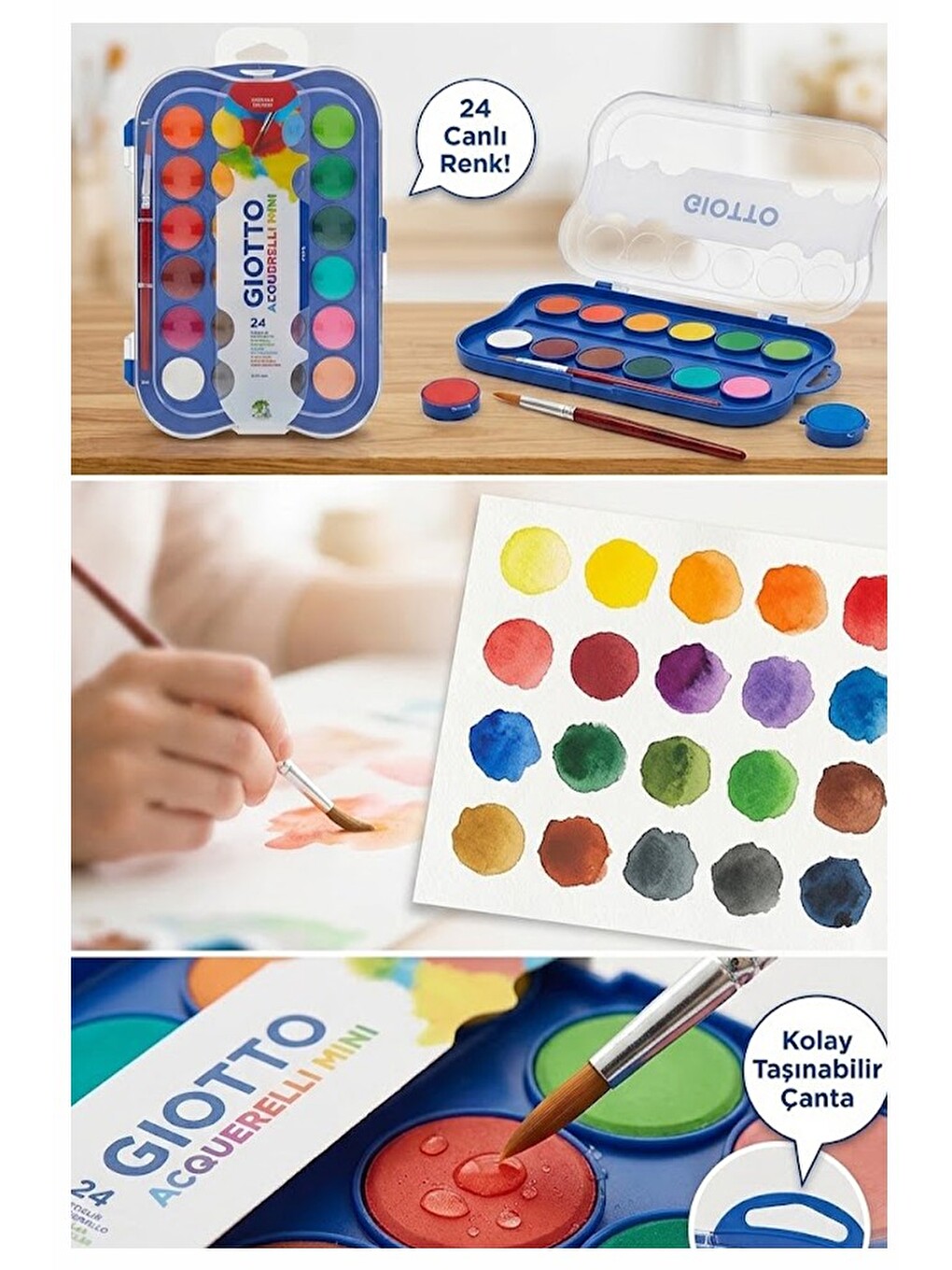24 Renk Sulu Boya 30mm 1 Paket Giotto 24 Lü Suluboya Fırça Hediyeli Canlı Renkler Acquerelli Kalite-1