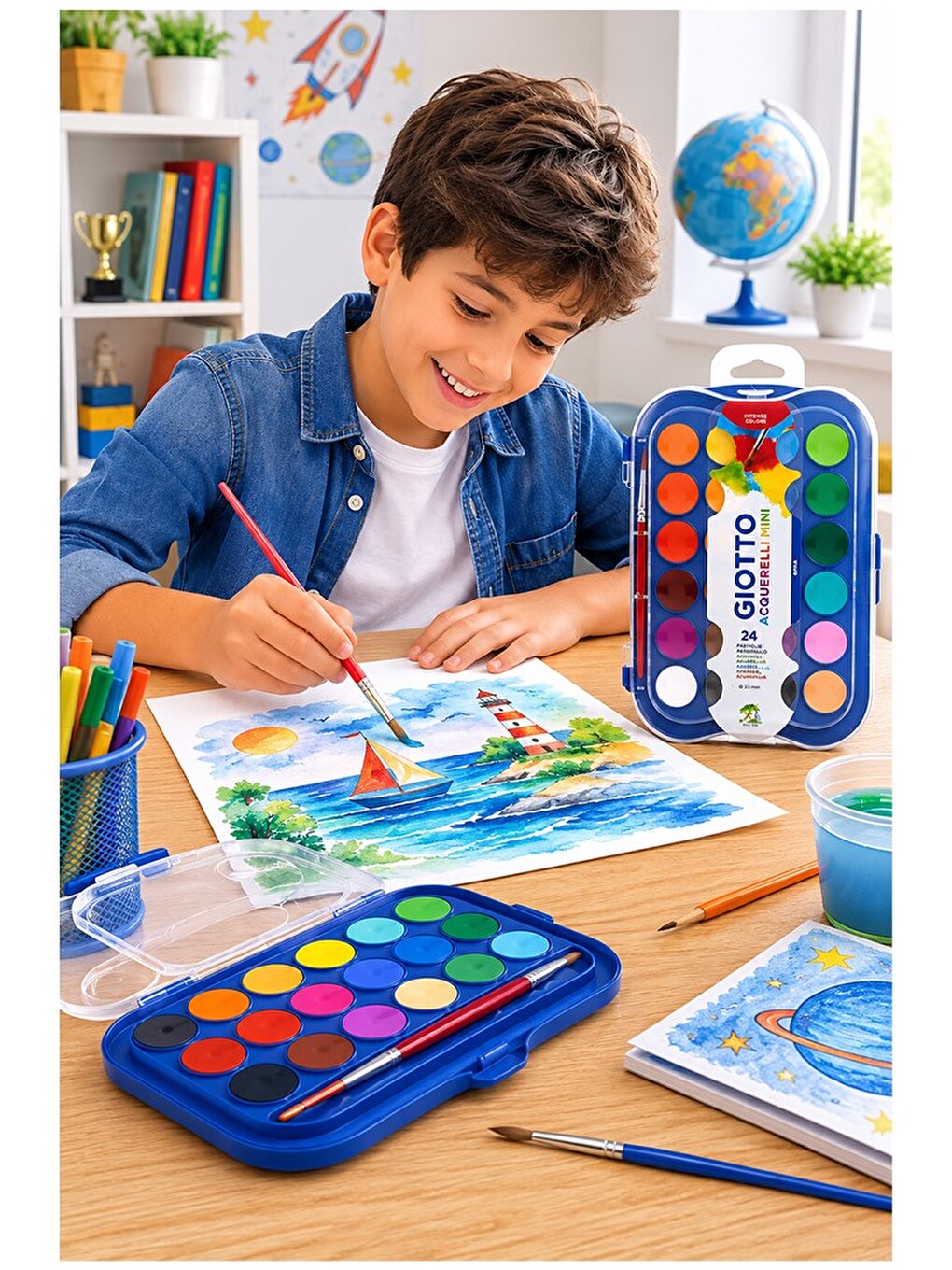24 Renk Sulu Boya 30mm 1 Paket Giotto 24 Lü Suluboya Fırça Hediyeli Canlı Renkler Acquerelli Kalite-2