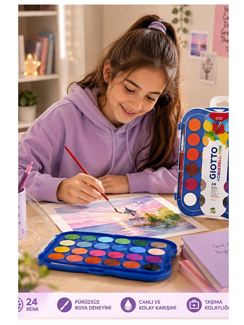 24 Renk Sulu Boya 30mm 1 Paket Giotto 24 Lü Suluboya Fırça Hediyeli Canlı Renkler Acquerelli Kalite-3