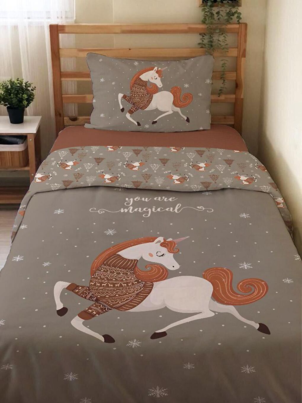 Desenli Çarşafsız 2'li Takım Baskılı Tek Kişilik Nevresim Takımı Kahverengi 160x220 cm