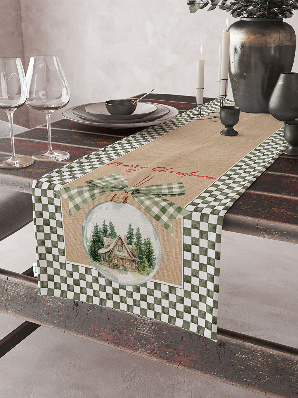 Yeşil Kadife Dokulu Yılbaşı Temalı Runner 40x140 cm