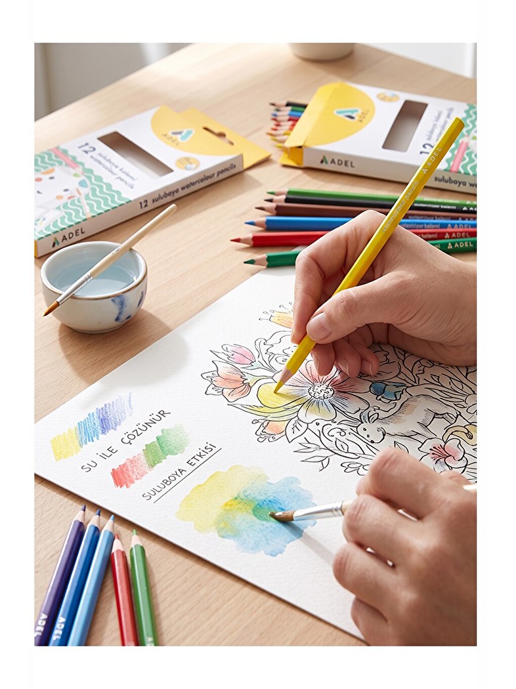 Aquarel Suluboya Kalemi 12 Renk 1 Paket Adel Karton Kutu Sulu Boya Kalemi 12 Li Fırça Hediyeli Sanat-1