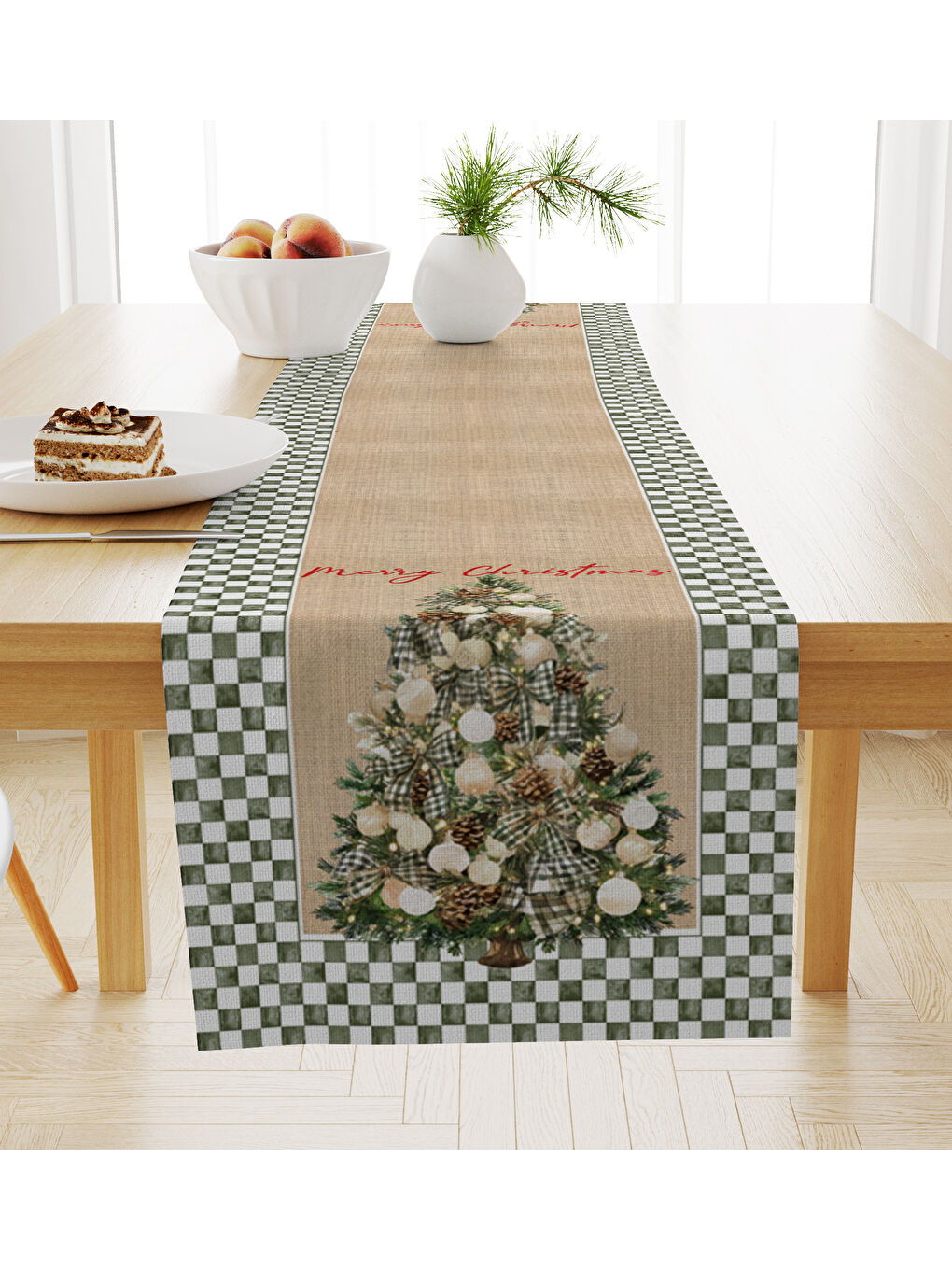 Yeşil Kadife Dokulu Yılbaşı Temalı Runner 40x140 cm-1