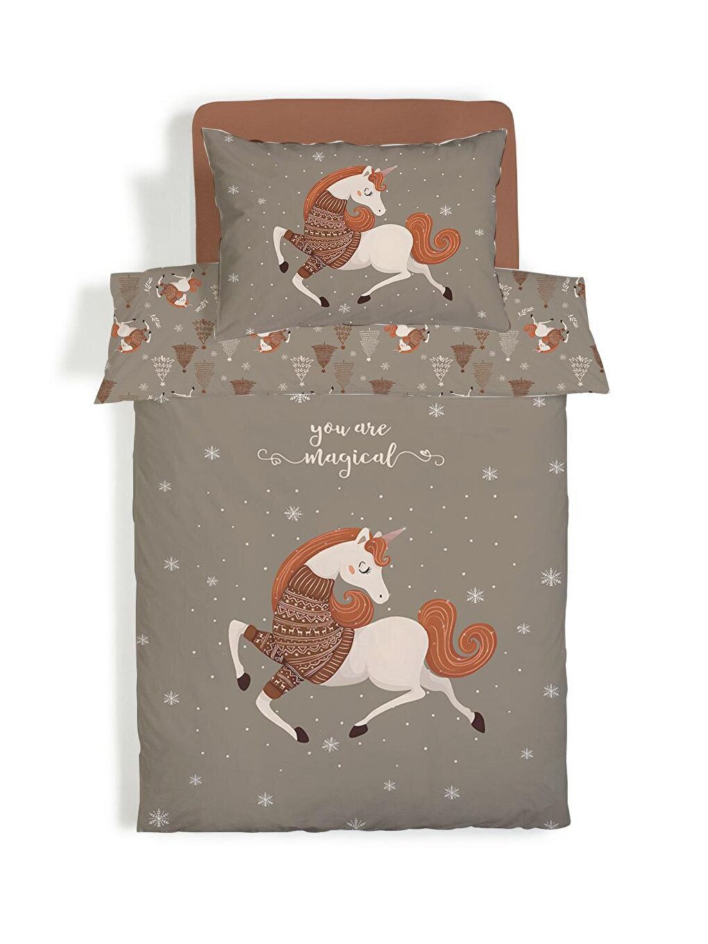 Desenli Çarşafsız 2'li Takım Baskılı Tek Kişilik Nevresim Takımı Kahverengi 160x220 cm-1