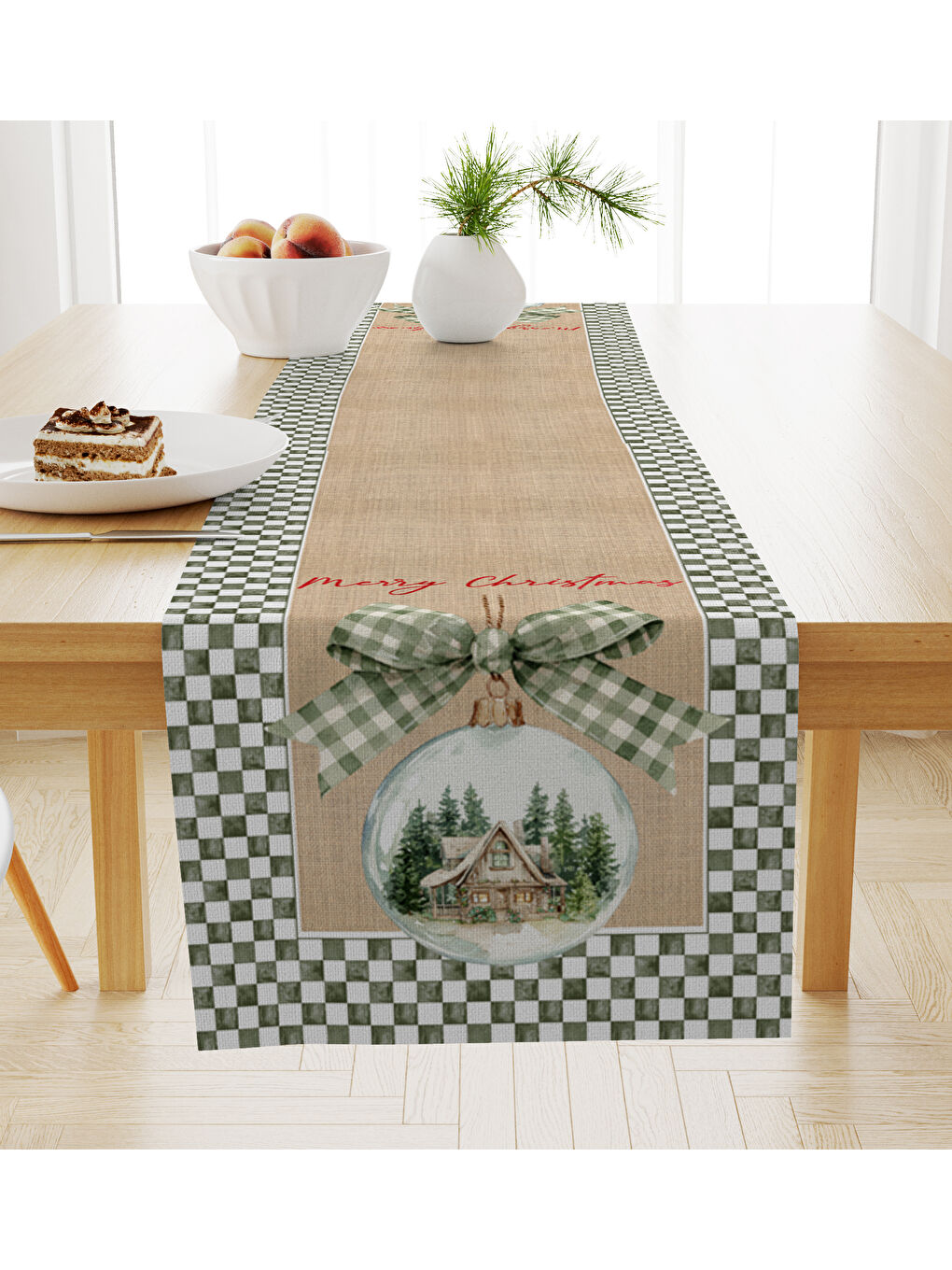 Yeşil Kadife Dokulu Yılbaşı Temalı Runner 40x140 cm-1