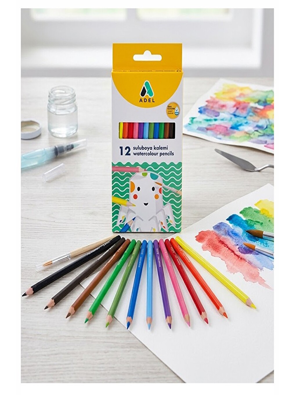 Aquarel Suluboya Kalemi 12 Renk 1 Paket Adel Karton Kutu Sulu Boya Kalemi 12 Li Fırça Hediyeli Sanat-2