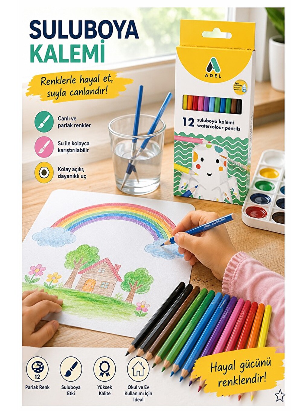 Aquarel Suluboya Kalemi 12 Renk 1 Paket Adel Karton Kutu Sulu Boya Kalemi 12 Li Fırça Hediyeli Sanat-3