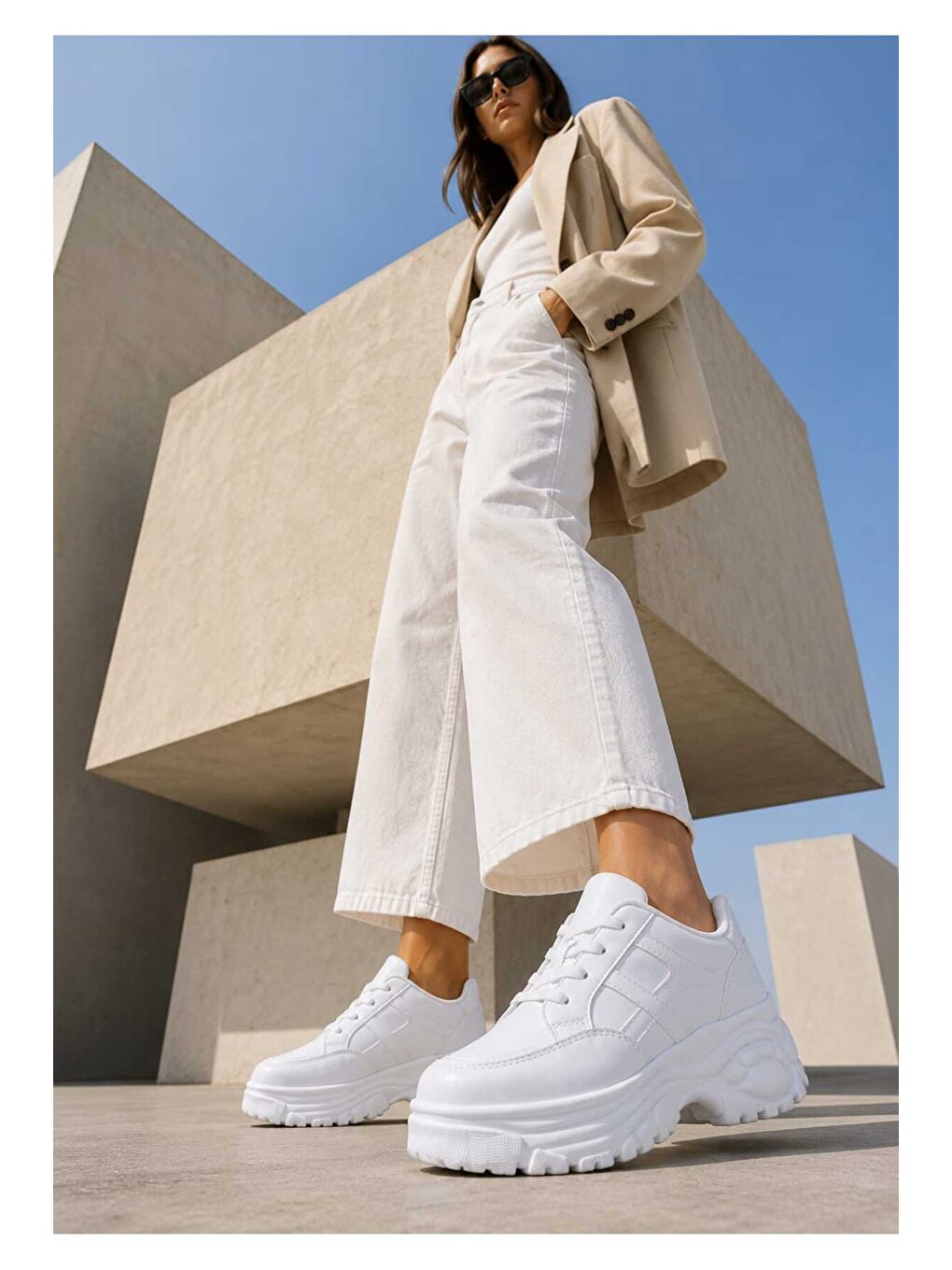 Beyaz Kadın Günlük Kullanım, 6 Cm Yükseltilmiş Tabanlı, Bağcıklı, Spor Sneakers-1