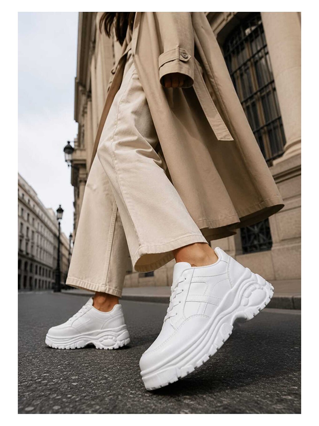 Beyaz Kadın Günlük Kullanım, 6 Cm Yükseltilmiş Tabanlı, Bağcıklı, Spor Sneakers-2