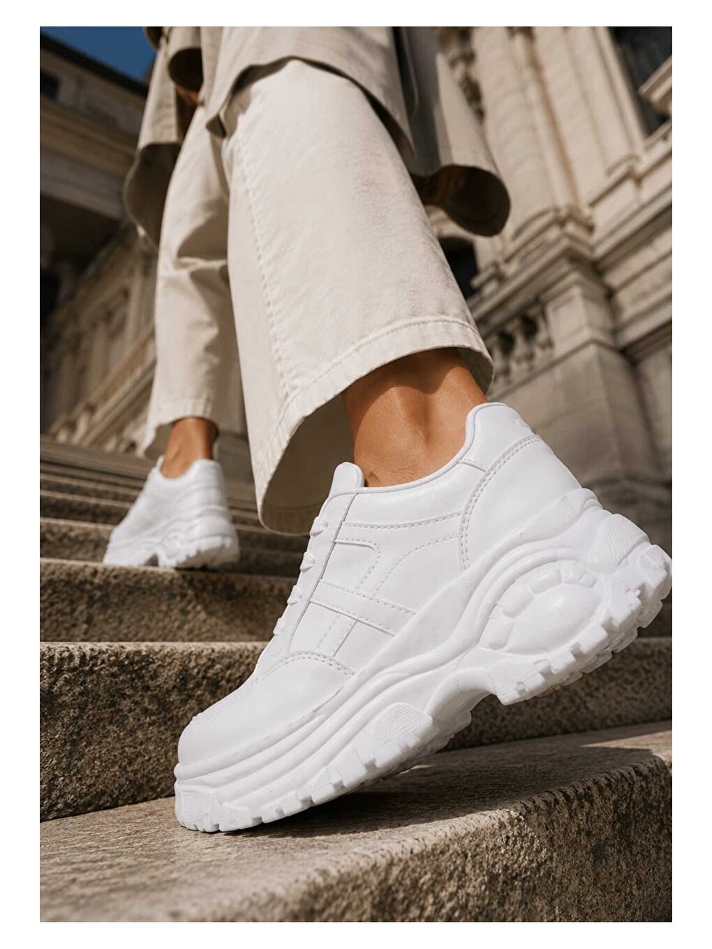Beyaz Kadın Günlük Kullanım, 6 Cm Yükseltilmiş Tabanlı, Bağcıklı, Spor Sneakers-5