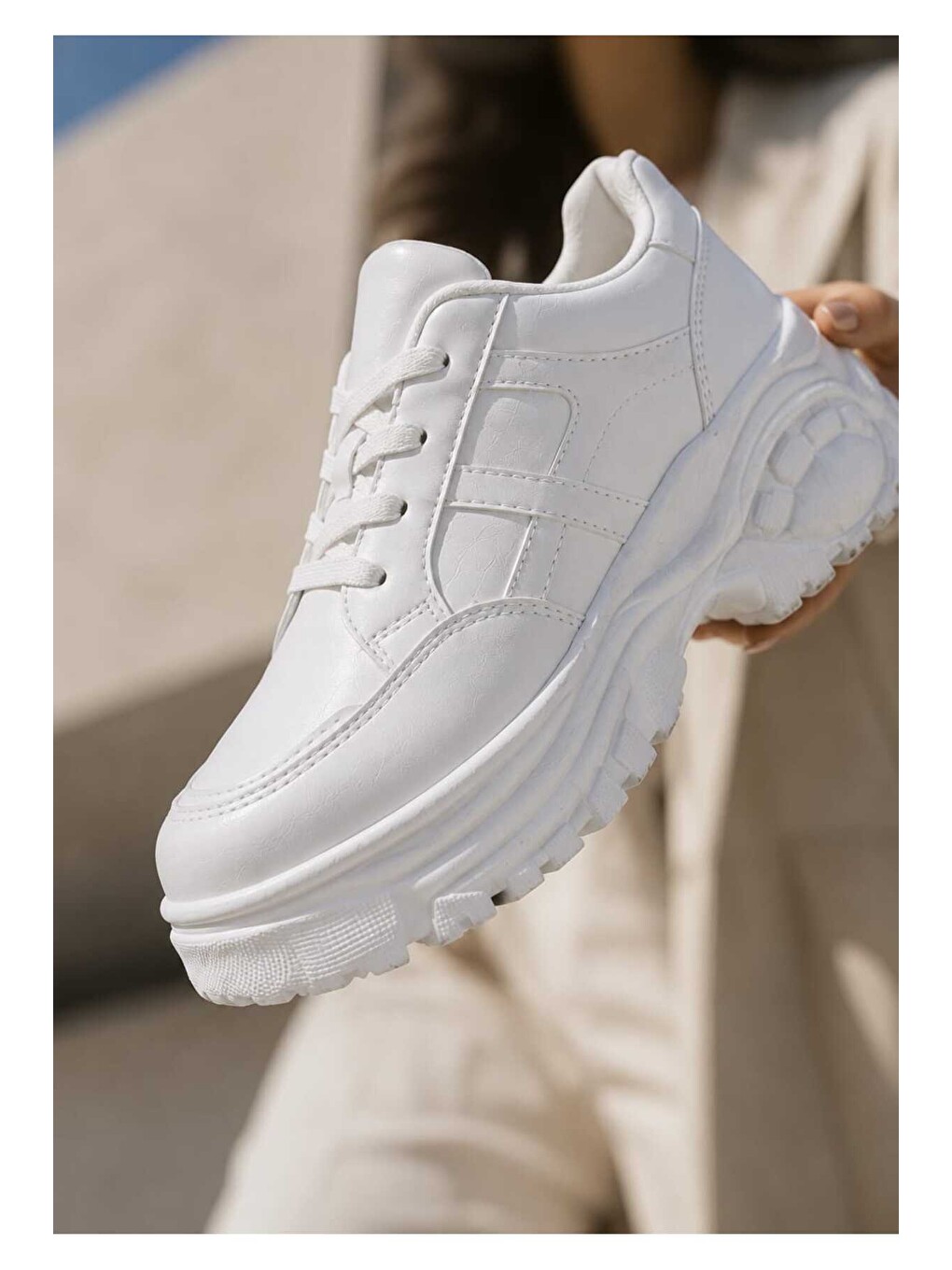 Beyaz Kadın Günlük Kullanım, 6 Cm Yükseltilmiş Tabanlı, Bağcıklı, Spor Sneakers-6