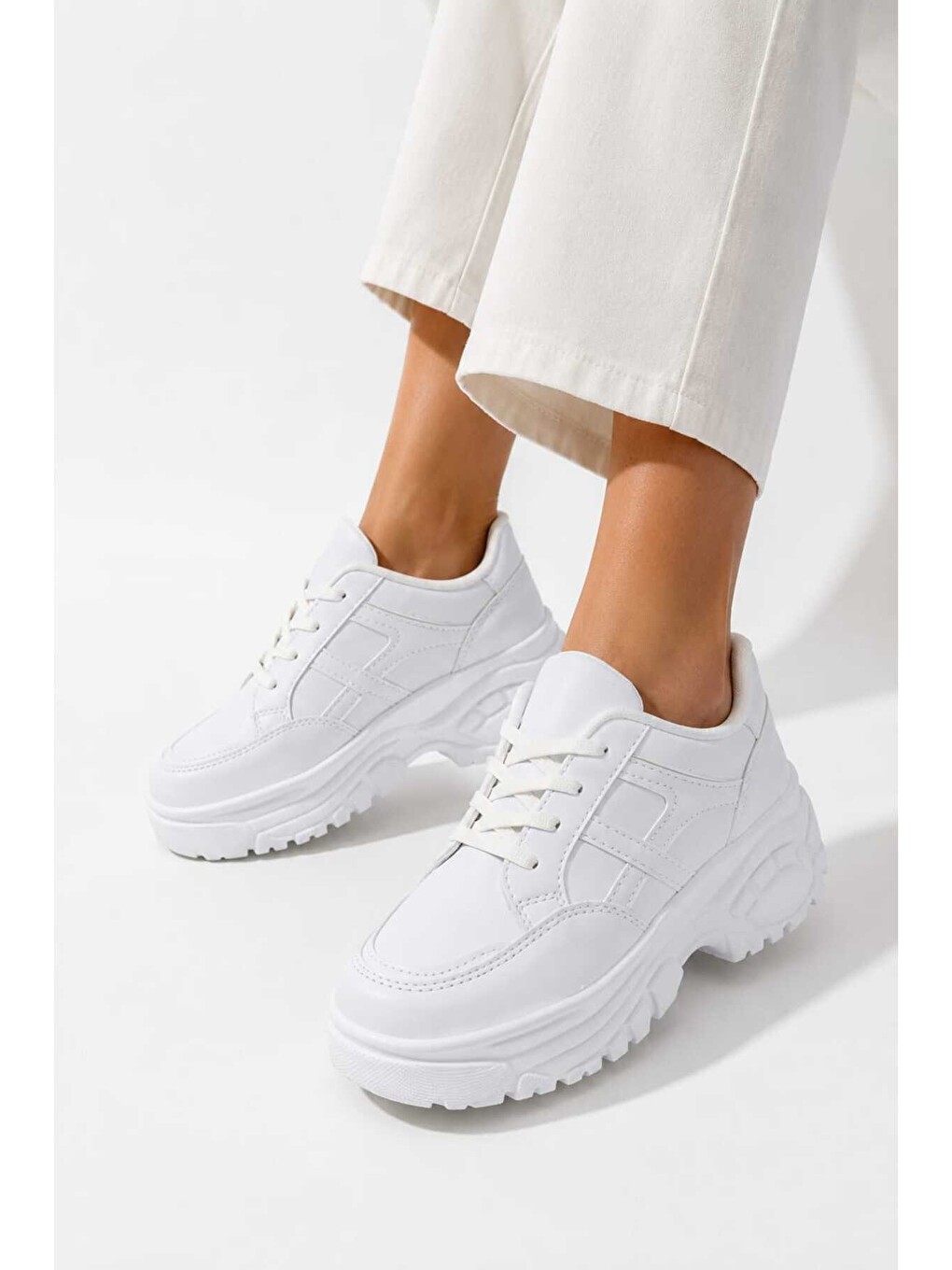 Beyaz Kadın Günlük Kullanım, 6 Cm Yükseltilmiş Tabanlı, Bağcıklı, Spor Sneakers-7