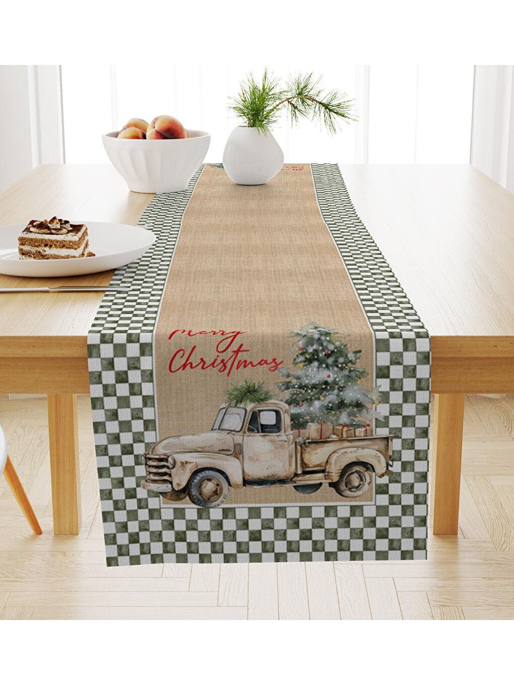 Yeşil Kadife Dokulu Yılbaşı Temalı Runner 40x140 cm-1