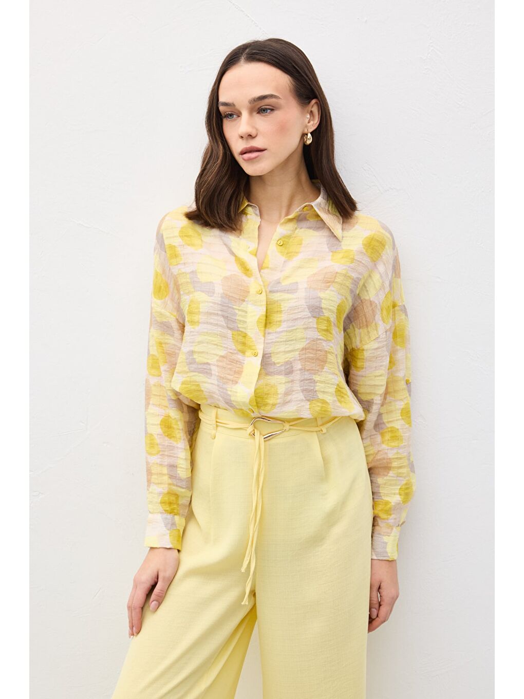 Kolu Katlamalı İnce Gömlek - Sarı-3