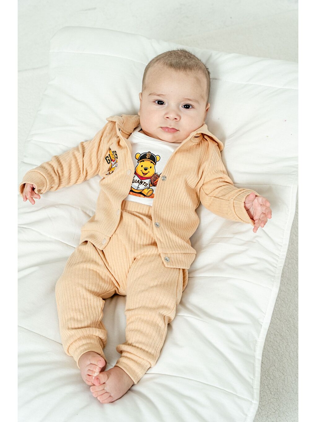 Bej Erkek Bebek Ayıcık Baskılı Zıbınlı 3’lü Mevsimlik Takım-1