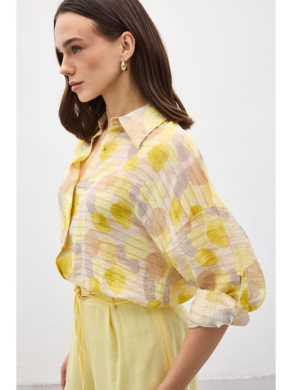 Kolu Katlamalı İnce Gömlek - Sarı-5