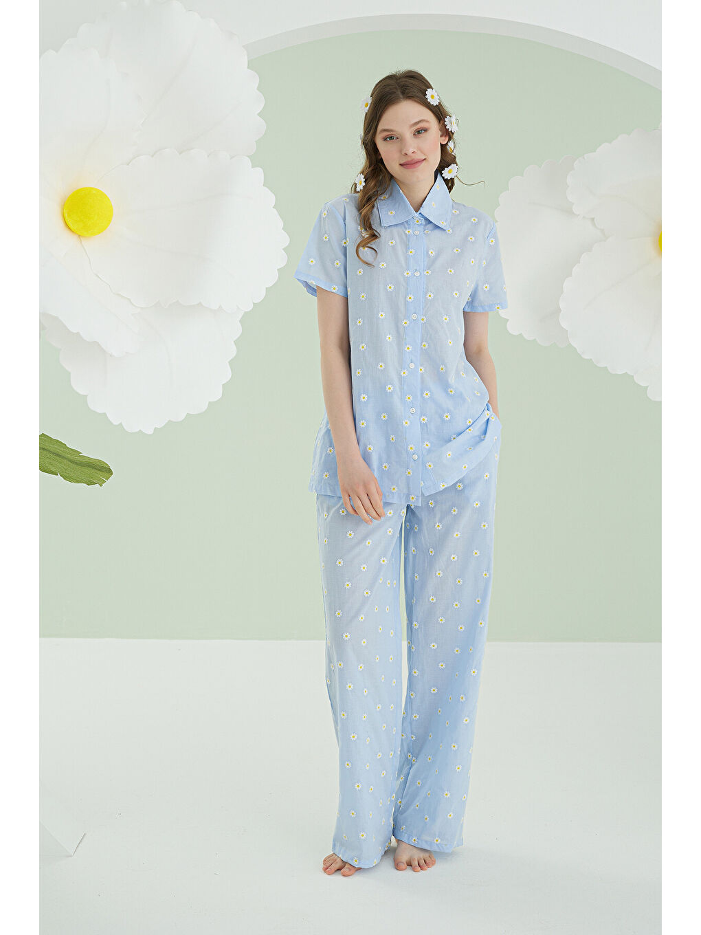 Mavi Papatyalı Önden Düğmeli Pijama Takımı-1