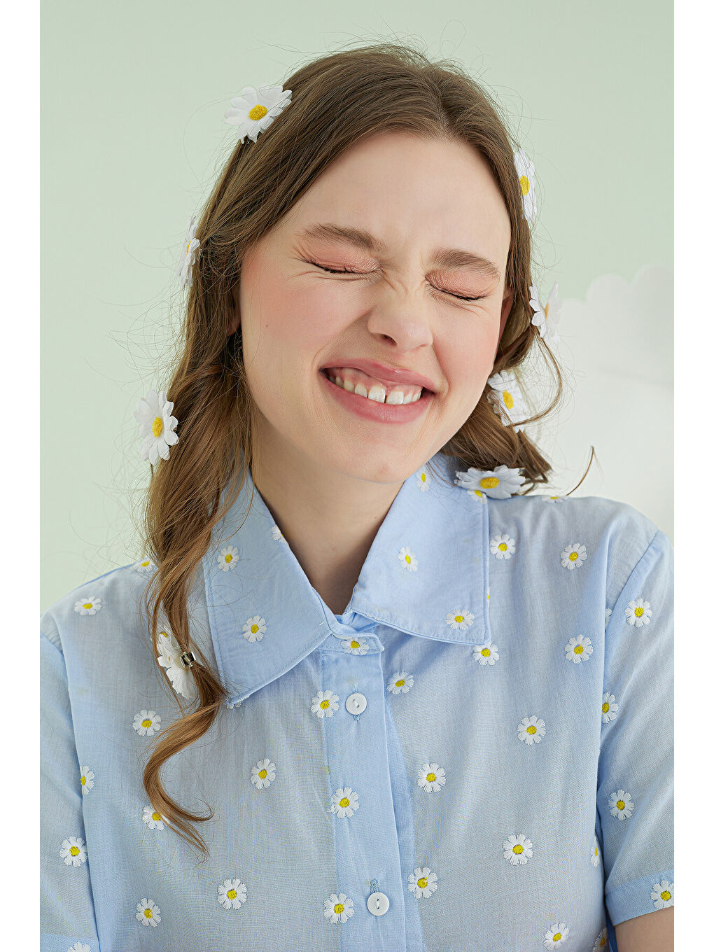 Mavi Papatyalı Önden Düğmeli Pijama Takımı-2