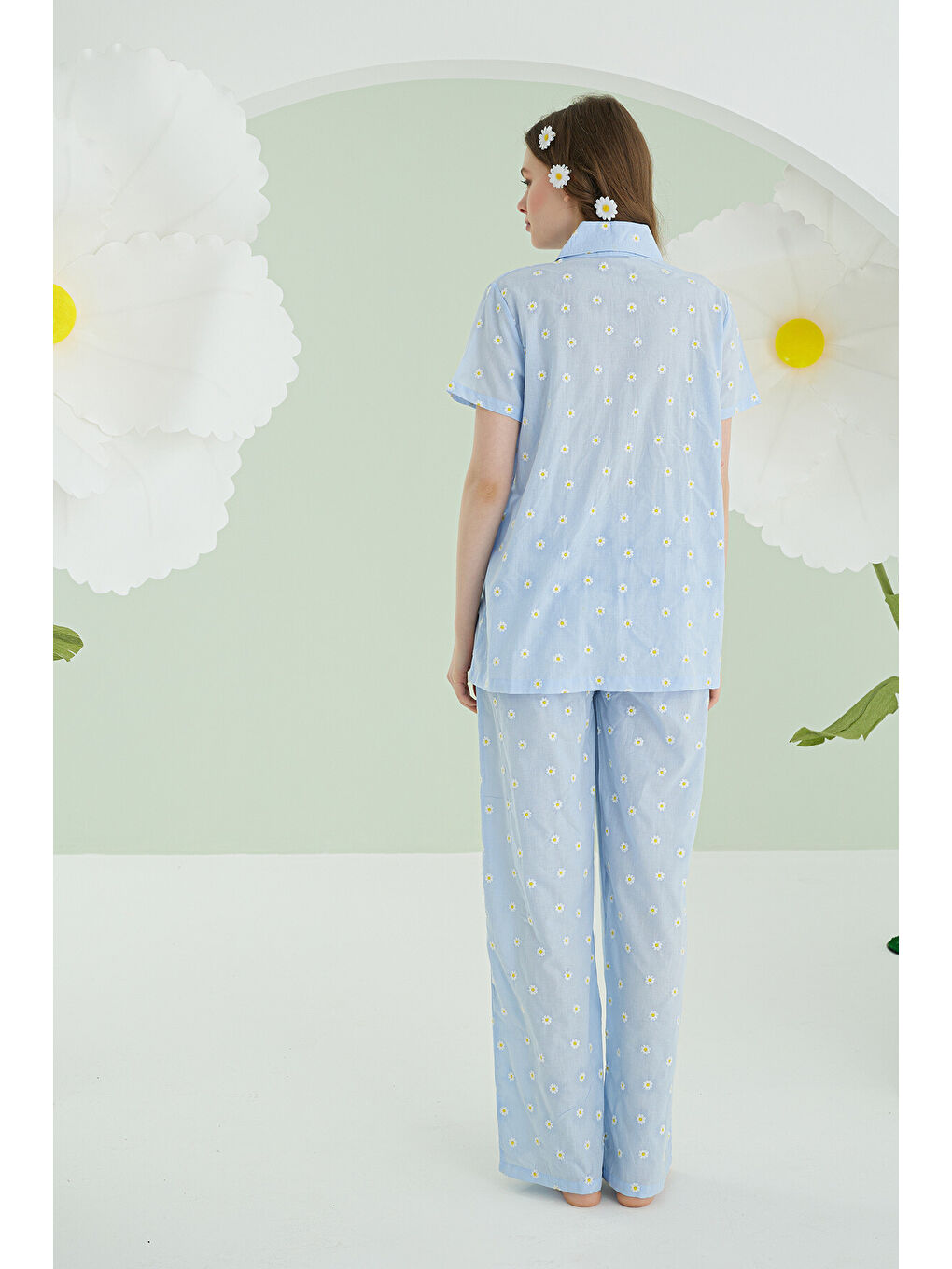 Mavi Papatyalı Önden Düğmeli Pijama Takımı-3