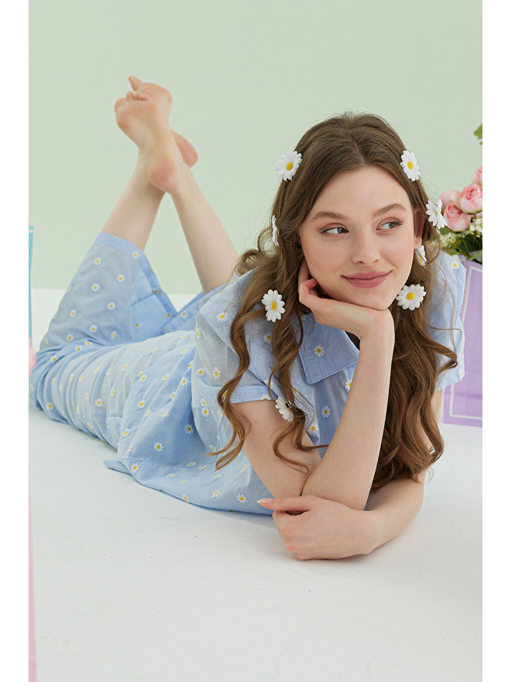 Mavi Papatyalı Önden Düğmeli Pijama Takımı-4