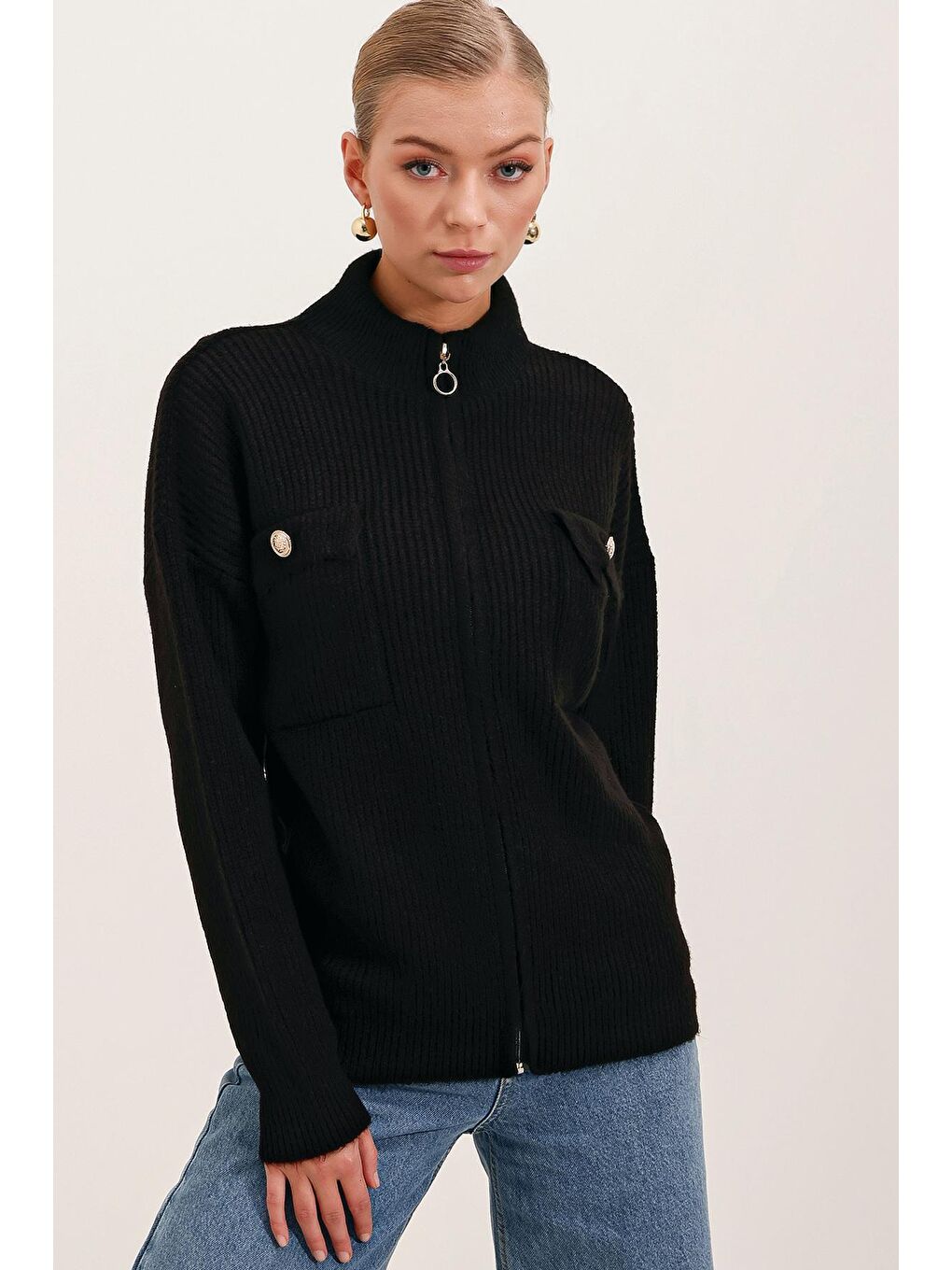 15862 Cep Detaylı Fermuarlı Triko Hırka - Siyah