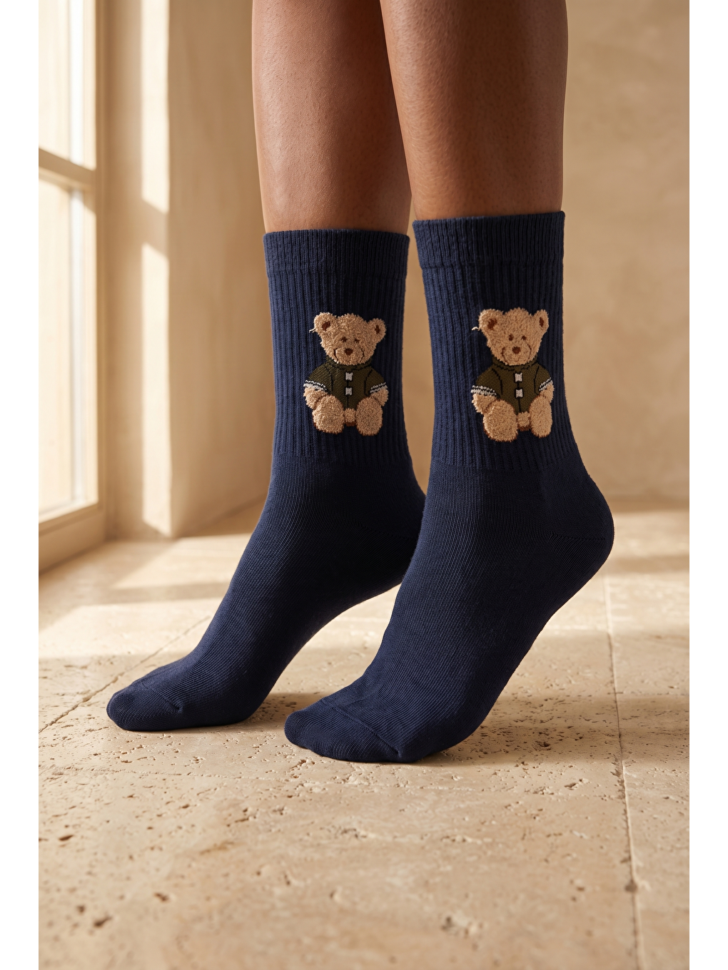 Unisex Teddy Desenli Soket Çorap Lacivert-1