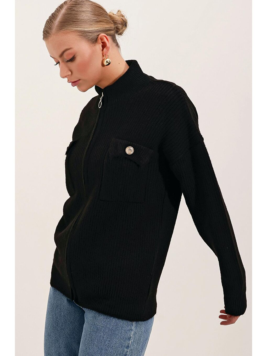 15862 Cep Detaylı Fermuarlı Triko Hırka - Siyah-1