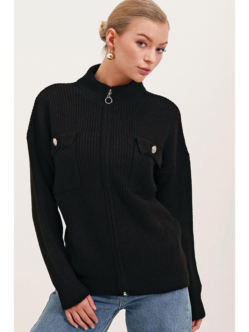 15862 Cep Detaylı Fermuarlı Triko Hırka - Siyah-2