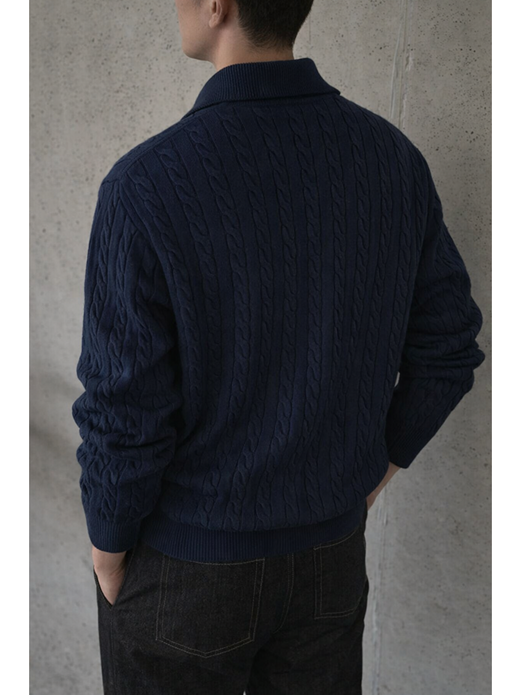 Erkek Lacivert Yarım Fermuarlı Saç Örgü Triko Kazak-1