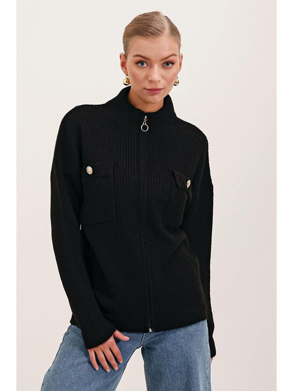 15862 Cep Detaylı Fermuarlı Triko Hırka - Siyah-4