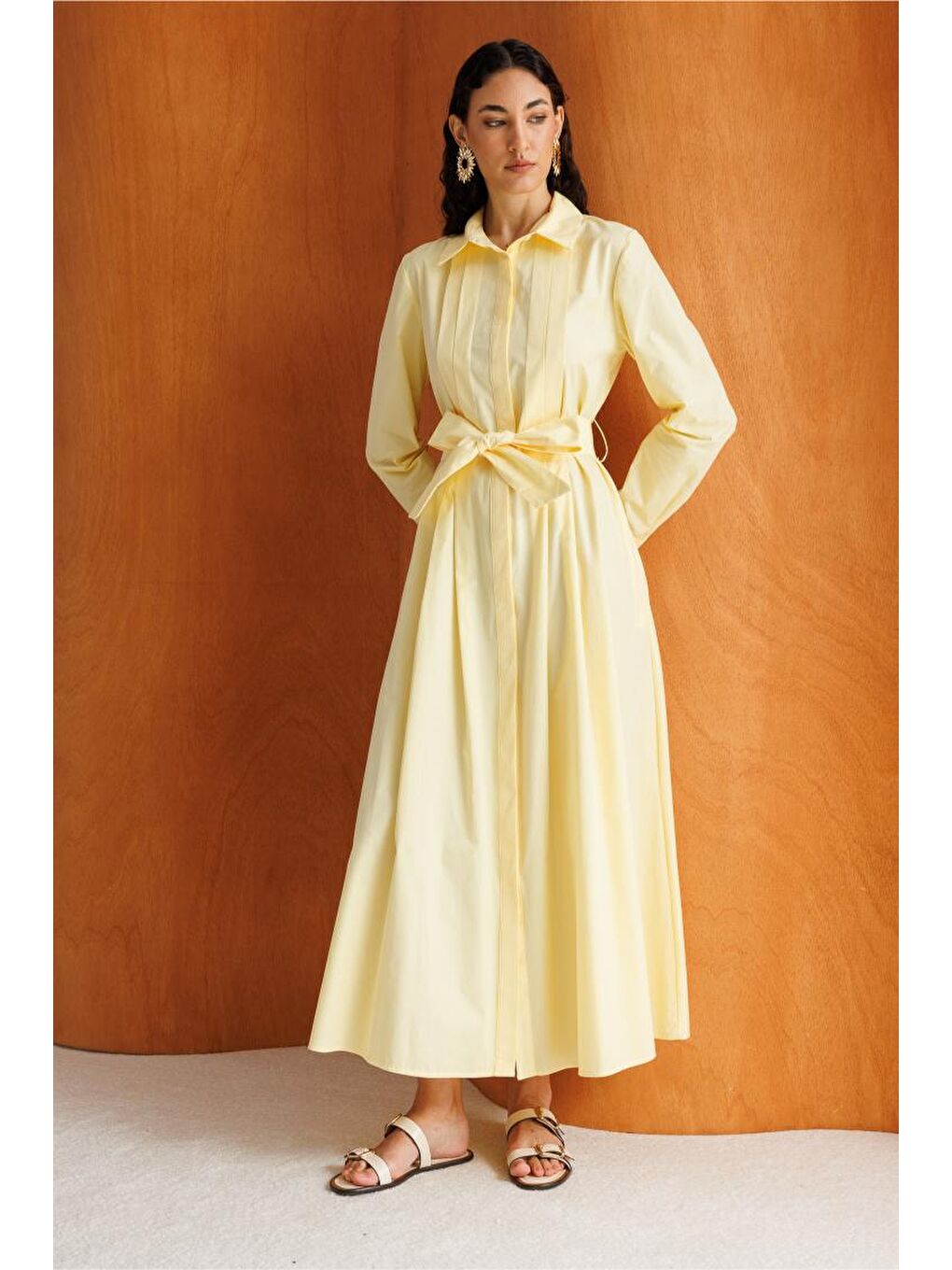 Premium Saf Pamuk Sarı Piliseli Uzun Elbise-1
