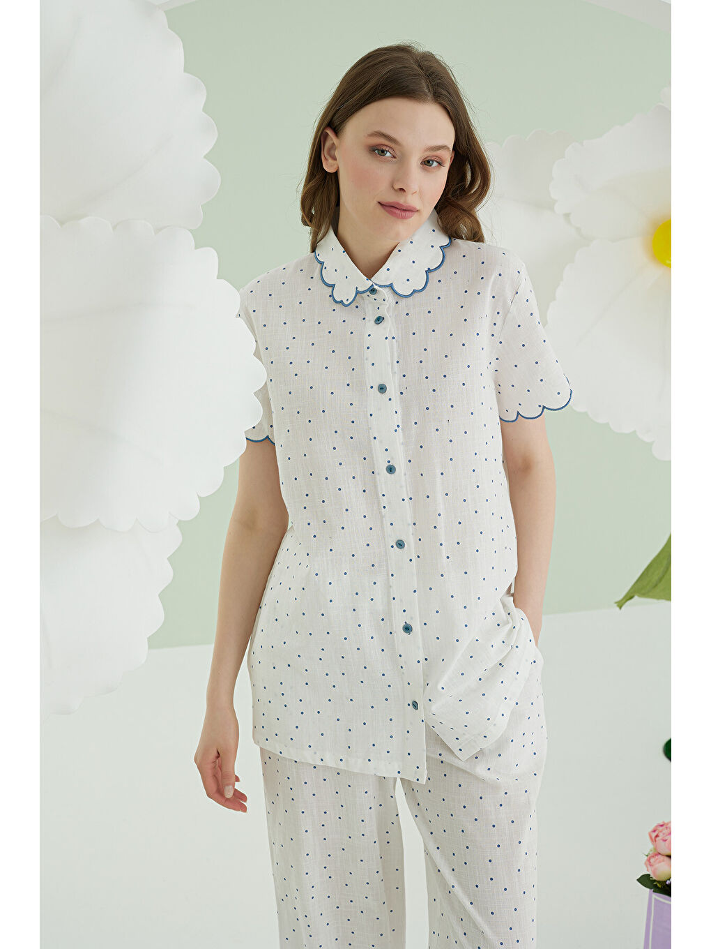 Mavi Puantiyeli Önden Düğmeli Pijama Takımı-2