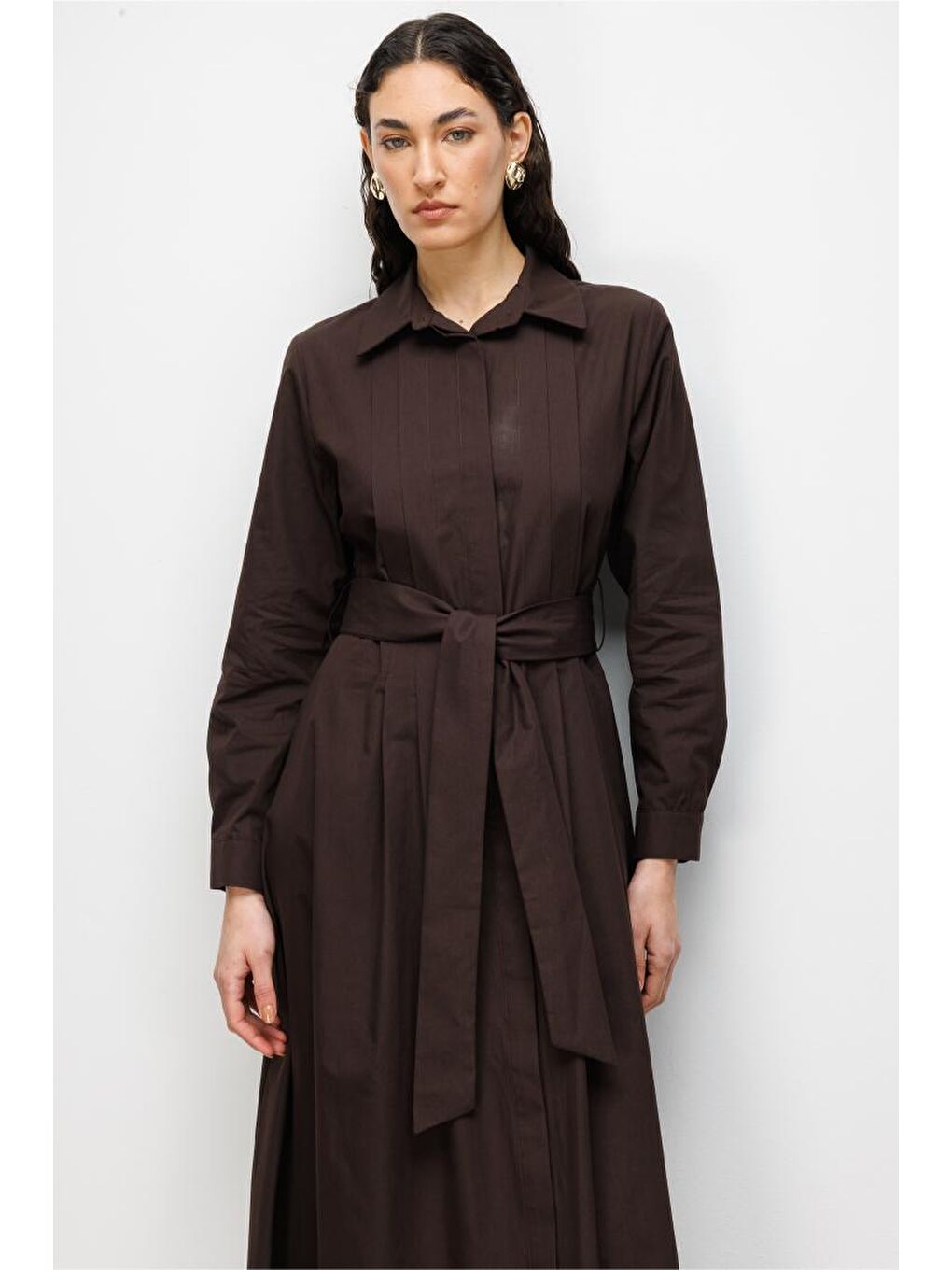 Acı Kahve Premium Saf Pamuk Kahverengi Piliseli Uzun Elbise