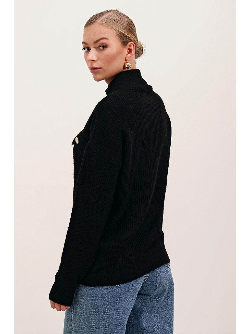 15862 Cep Detaylı Fermuarlı Triko Hırka - Siyah-5