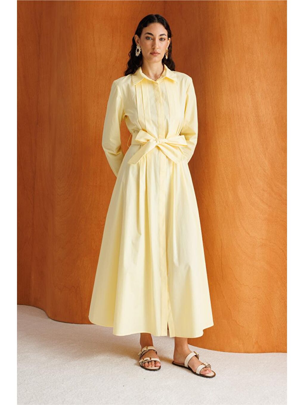 Premium Saf Pamuk Sarı Piliseli Uzun Elbise-2