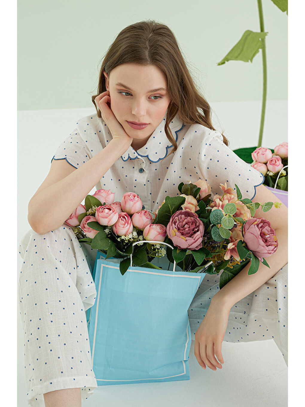 Mavi Puantiyeli Önden Düğmeli Pijama Takımı-3