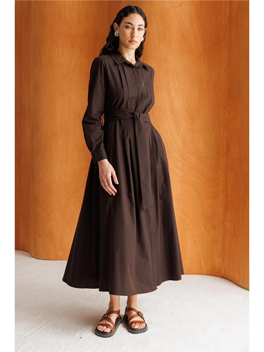 Acı Kahve Premium Saf Pamuk Kahverengi Piliseli Uzun Elbise-1